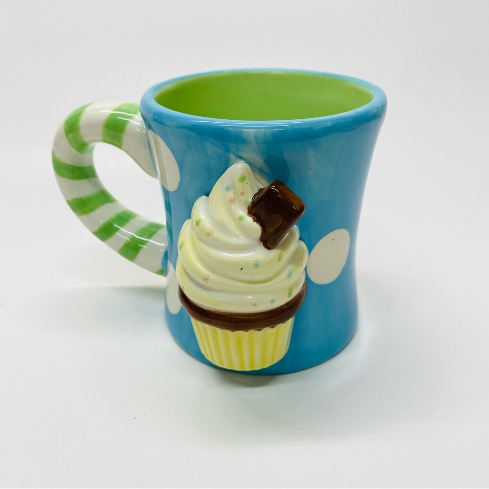 Mud Pie Cup Cake Mug/Cup Blue White Polka Dots Stripe Handle Fun Happy Enjoyment
